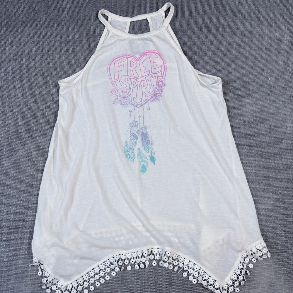 Jerryleigh Juniors Large Free Spirit Graphic Halter Tank Top White Boho Pom Pom